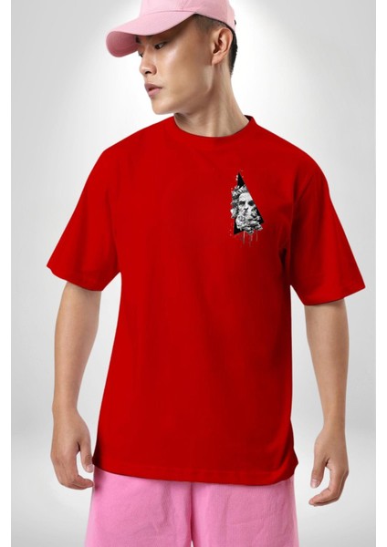 Kuru Kafa Heykel Üçgen Sanatsal Kadın Erkek Ön Minimal Sırt Baskılı Kırmızı Pamuklu Tişört modelleri