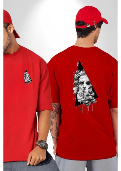 Kuru Kafa Heykel Üçgen Sanatsal Kadın Erkek Ön Minimal Sırt Baskılı Kırmızı Pamuklu Tişört fırsatları