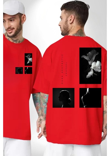 Modern Art Kadın ve Çiçek Kadın Erkek Ön Minimal Sırt Baskılı Kırmızı Pamuklu Tişört