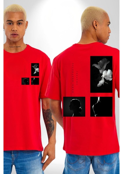 Modern Art Kadın ve Çiçek Kadın Erkek Ön Minimal Sırt Baskılı Kırmızı Pamuklu Tişört fırsatları