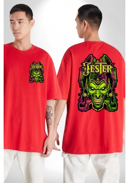 Jester Cadılar Bayramı Karakter Kadın Erkek Ön Minimal Sırt Baskılı Kırmızı Pamuklu Tişört