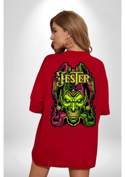 Jester Cadılar Bayramı Karakter Kadın Erkek Ön Minimal Sırt Baskılı Kırmızı Pamuklu Tişört fiyatları