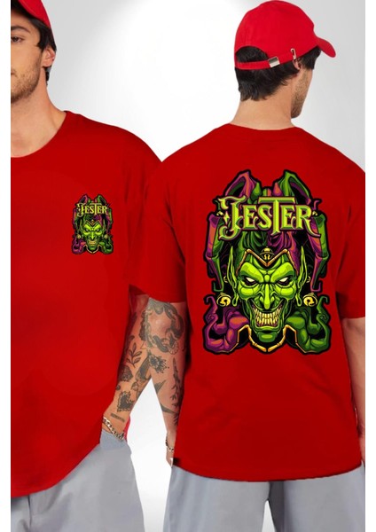Jester Cadılar Bayramı Karakter Kadın Erkek Ön Minimal Sırt Baskılı Kırmızı Pamuklu Tişört fırsatları