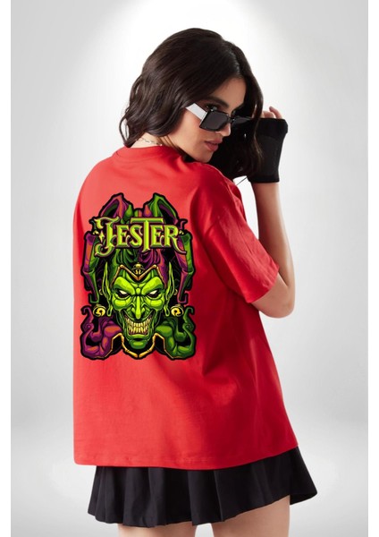 Jester Cadılar Bayramı Karakter Kadın Erkek Ön Minimal Sırt Baskılı Kırmızı Pamuklu Tişört indirimleri