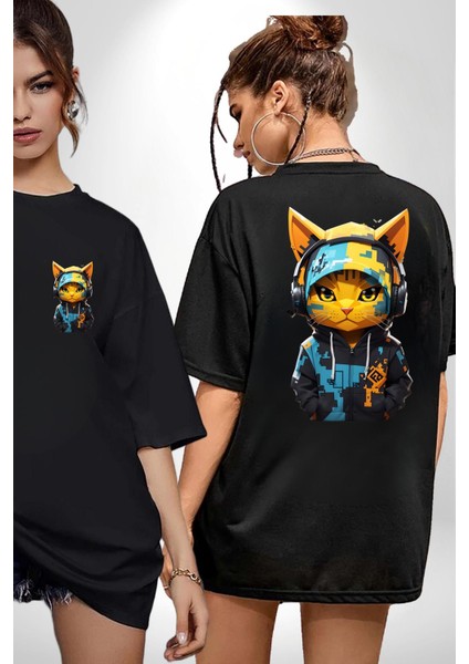 Kulaklıklı Havlı Serseri Kedi Kadın Erkek Ön Minimal Sırt Baskılı Siyah Pamuklu Tişört