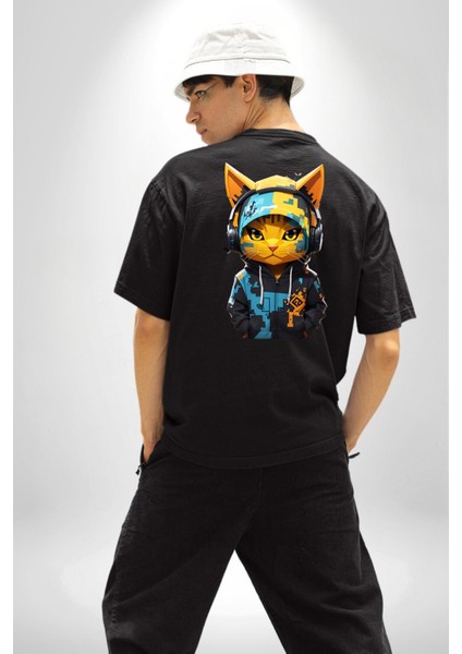 Kulaklıklı Havlı Serseri Kedi Kadın Erkek Ön Minimal Sırt Baskılı Siyah Pamuklu Tişört fiyatları