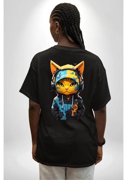 Kulaklıklı Havlı Serseri Kedi Kadın Erkek Ön Minimal Sırt Baskılı Siyah Pamuklu Tişört indirimleri