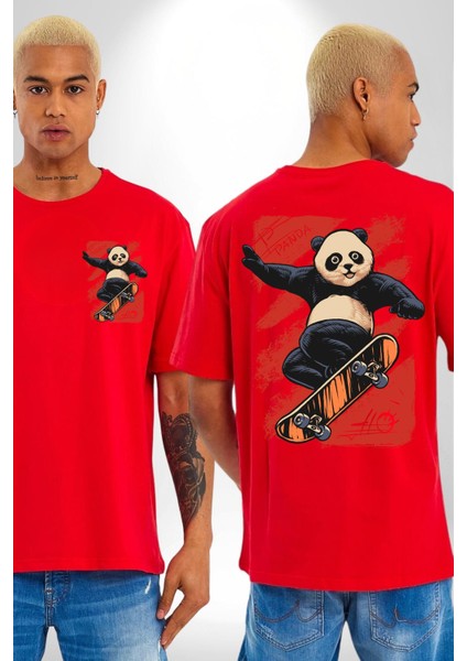 Kaykaycı Havalı Panda Kadın Erkek Ön Minimal Sırt Baskılı Kırmızı Pamuklu Tişört