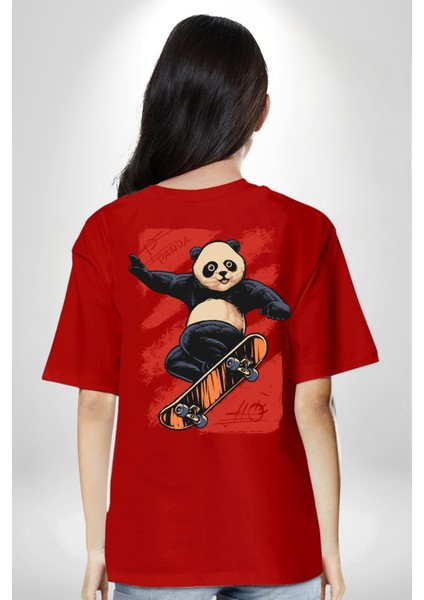 Kaykaycı Havalı Panda Kadın Erkek Ön Minimal Sırt Baskılı Kırmızı Pamuklu Tişört fiyatları