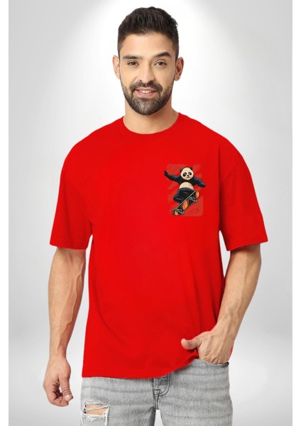 Kaykaycı Havalı Panda Kadın Erkek Ön Minimal Sırt Baskılı Kırmızı Pamuklu Tişört modelleri