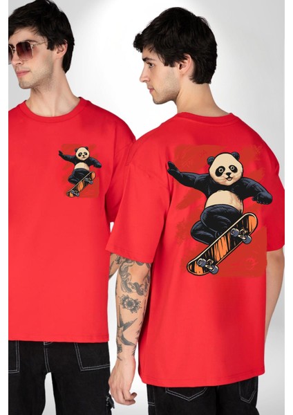 Kaykaycı Havalı Panda Kadın Erkek Ön Minimal Sırt Baskılı Kırmızı Pamuklu Tişört fırsatları