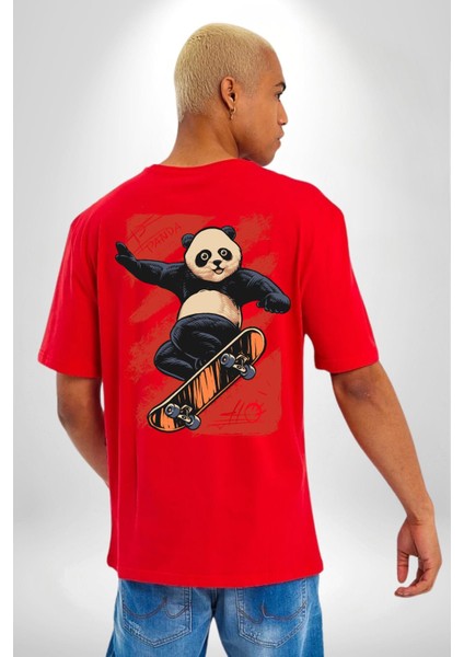 Kaykaycı Havalı Panda Kadın Erkek Ön Minimal Sırt Baskılı Kırmızı Pamuklu Tişört indirimleri