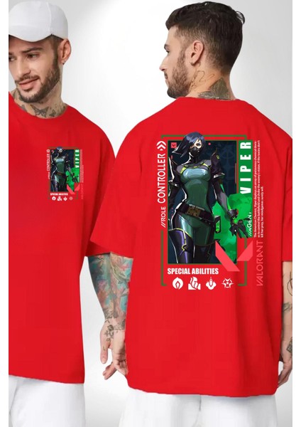 Viper Smoker Karakter Kadın Erkek Ön Minimal Sırt Baskılı Kırmızı Pamuklu Tişört