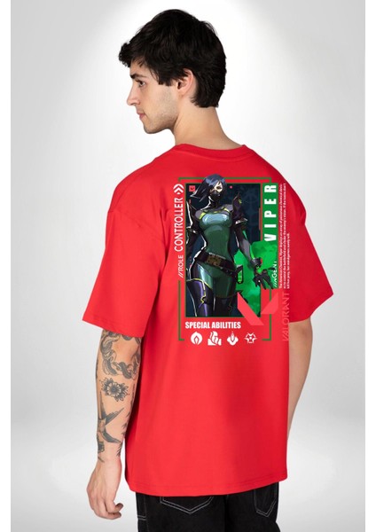 Viper Smoker Karakter Kadın Erkek Ön Minimal Sırt Baskılı Kırmızı Pamuklu Tişört indirimleri