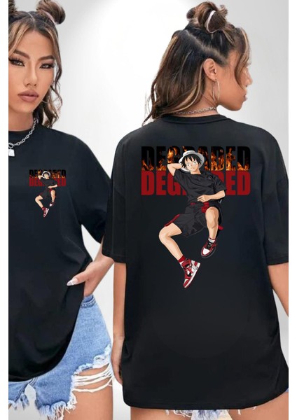 Monkey D Luffy Sokak Tarzı Kadın Erkek Ön Minimal Sırt Baskılı Siyah Pamuklu Tişört