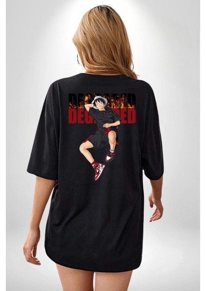 Monkey D Luffy Sokak Tarzı Kadın Erkek Ön Minimal Sırt Baskılı Siyah Pamuklu Tişört fiyatları