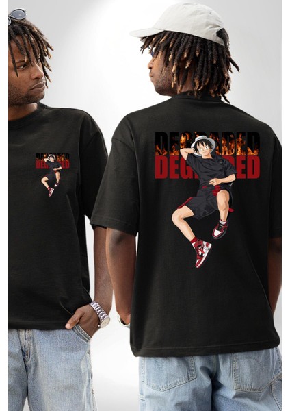 Monkey D Luffy Sokak Tarzı Kadın Erkek Ön Minimal Sırt Baskılı Siyah Pamuklu Tişört fırsatları