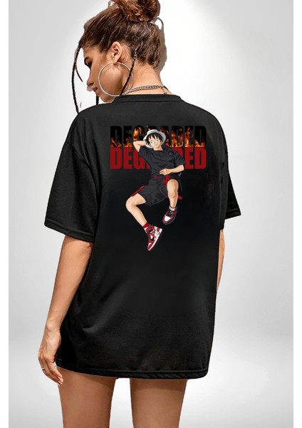 Monkey D Luffy Sokak Tarzı Kadın Erkek Ön Minimal Sırt Baskılı Siyah Pamuklu Tişört indirimleri