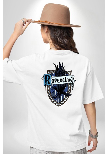 Ravenclaw Kartal Logo Kadın Erkek Ön Minimal Sırt Baskılı Beyaz Pamuklu Tişört indirimleri