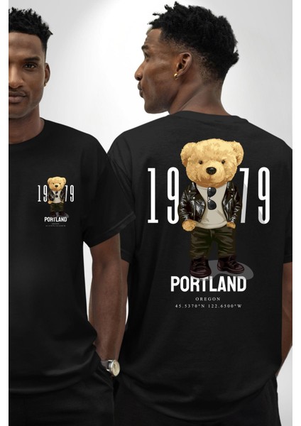 Oregon Portland Oyuncak Ayı Kadın Erkek Ön Minimal Sırt Baskılı Siyah Pamuklu Tişört