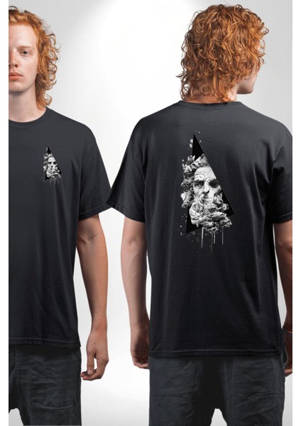 Kuru Kafa Heykel Üçgen Sanatsal Kadın Erkek Ön Minimal Sırt Baskılı Siyah Pamuklu Tişört