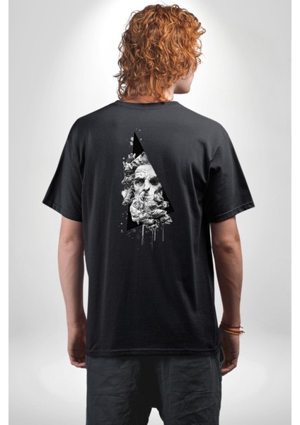 Kuru Kafa Heykel Üçgen Sanatsal Kadın Erkek Ön Minimal Sırt Baskılı Siyah Pamuklu Tişört fiyatları