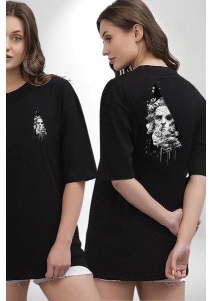 Kuru Kafa Heykel Üçgen Sanatsal Kadın Erkek Ön Minimal Sırt Baskılı Siyah Pamuklu Tişört fırsatları