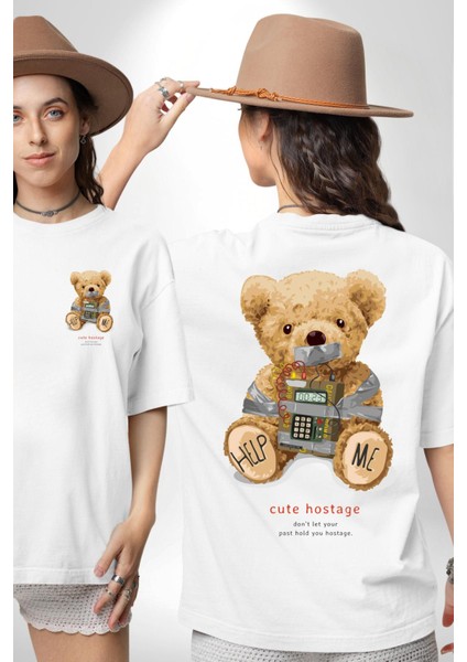 Tatlı Rehine Oyuncak Ayı Kadın Erkek Ön Minimal Sırt Baskılı Beyaz Pamuklu Tişört