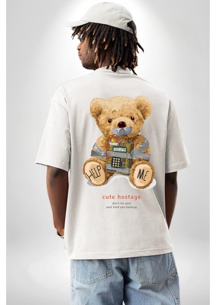 Tatlı Rehine Oyuncak Ayı Kadın Erkek Ön Minimal Sırt Baskılı Beyaz Pamuklu Tişört fiyatları