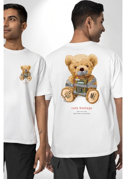 Tatlı Rehine Oyuncak Ayı Kadın Erkek Ön Minimal Sırt Baskılı Beyaz Pamuklu Tişört fırsatları