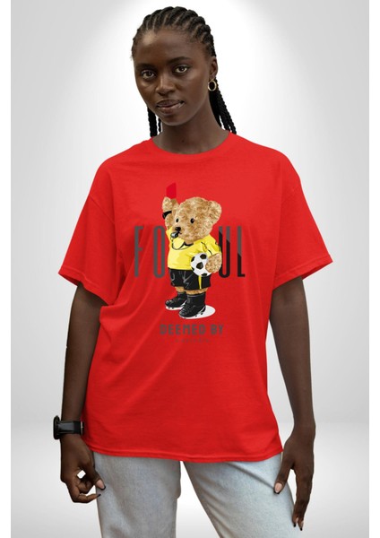 Tatlı Hakem Oyuncak Ayı Kırmızı Kart Kadın Erkek Ön Baskılı Kırmızı Pamuklu Tişört Penye Klasik modelleri