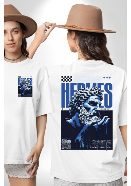 Yunan Tanrısı Efsane Kanatlı Kadın Erkek Ön Minimal Sırt Baskılı Beyaz Pamuklu Tişört