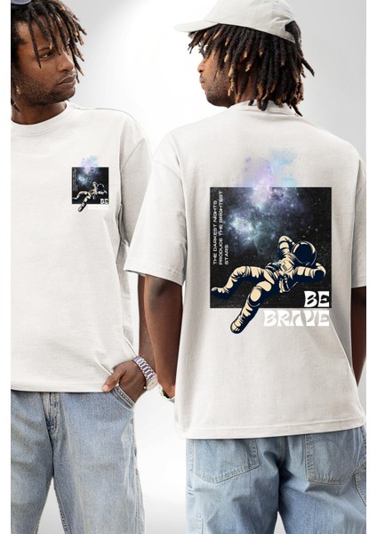 Astronot Cesur Kal Sokak Tarzı Kadın Erkek Ön Minimal Sırt Baskılı Beyaz Pamuklu Tişört