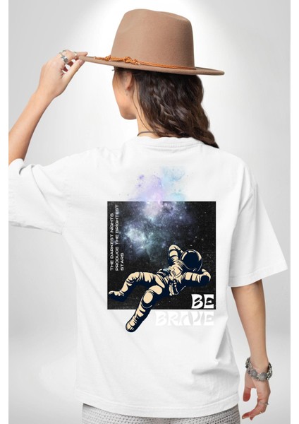 Astronot Cesur Kal Sokak Tarzı Kadın Erkek Ön Minimal Sırt Baskılı Beyaz Pamuklu Tişört fiyatları