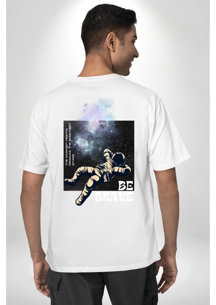 Astronot Cesur Kal Sokak Tarzı Kadın Erkek Ön Minimal Sırt Baskılı Beyaz Pamuklu Tişört indirimleri