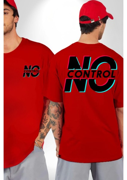 Kontrol Yok Glitch Yazı Kadın Erkek Ön Minimal Sırt Baskılı Kırmızı Pamuklu Tişört