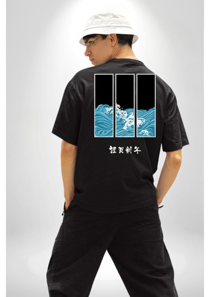 Japon Dalgaları Japonya Kadın Erkek Ön Minimal Sırt Baskılı Siyah Pamuklu Tişört fiyatları