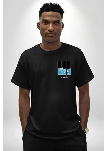 Japon Dalgaları Japonya Kadın Erkek Ön Minimal Sırt Baskılı Siyah Pamuklu Tişört modelleri