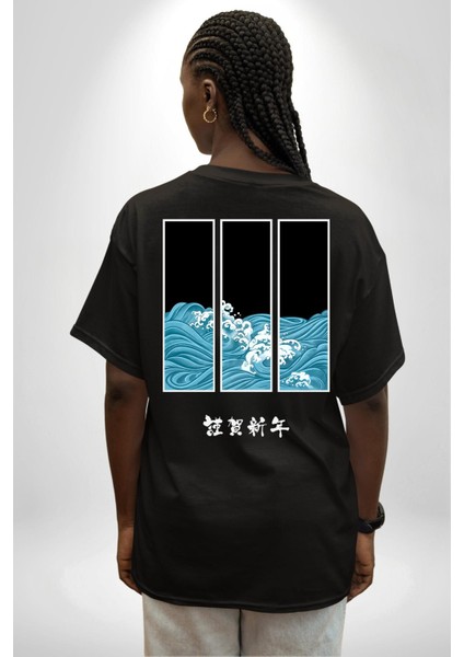 Japon Dalgaları Japonya Kadın Erkek Ön Minimal Sırt Baskılı Siyah Pamuklu Tişört indirimleri