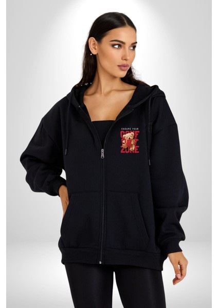Konfor Bölgenizden Kaçın Oyuncak Ayı Kadın Erkek Baskılı Fermuarlı Kapüşonlu Hırka Sweatshirt
