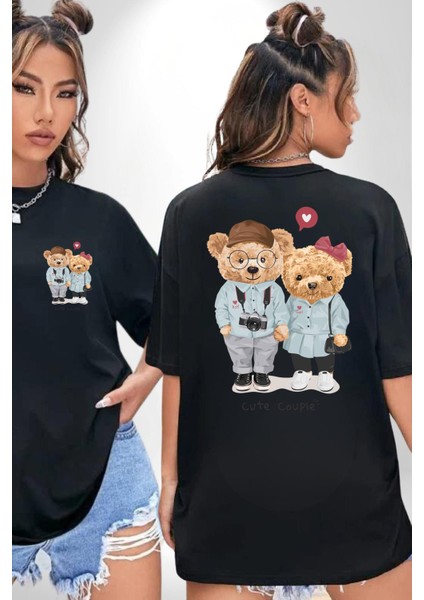 Sevgililer Oyuncak Ayı Kadın Erkek Ön Minimal Sırt Baskılı Siyah Pamuklu Tişört
