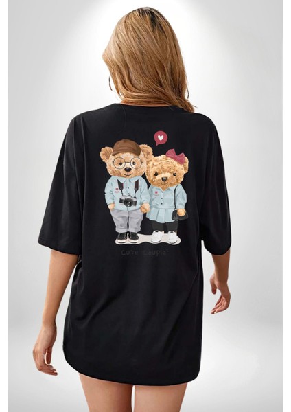 Sevgililer Oyuncak Ayı Kadın Erkek Ön Minimal Sırt Baskılı Siyah Pamuklu Tişört fiyatları
