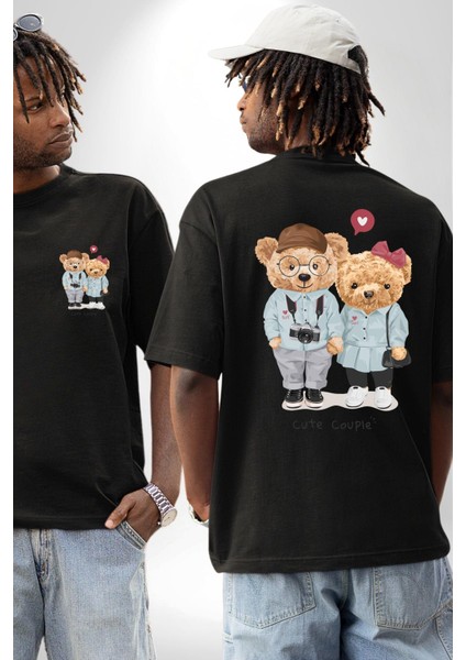 Sevgililer Oyuncak Ayı Kadın Erkek Ön Minimal Sırt Baskılı Siyah Pamuklu Tişört fırsatları