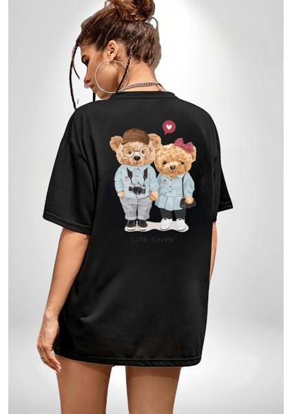 Sevgililer Oyuncak Ayı Kadın Erkek Ön Minimal Sırt Baskılı Siyah Pamuklu Tişört indirimleri