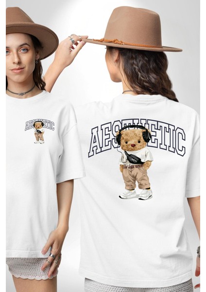 Estetik Oyuncak Tatlı Ayı Kadın Erkek Ön Minimal Sırt Baskılı Beyaz Pamuklu Tişört