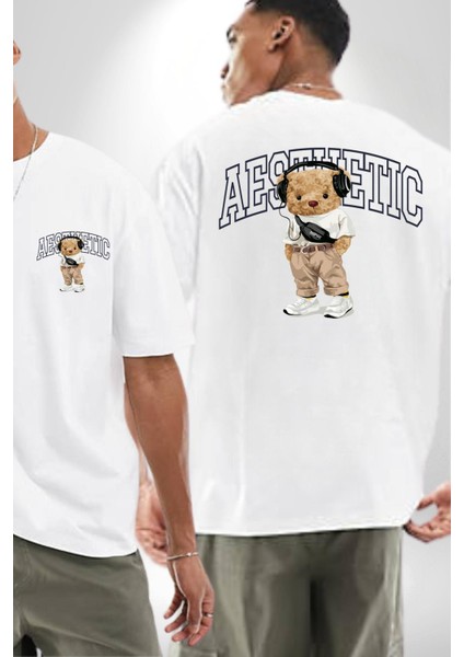 Estetik Oyuncak Tatlı Ayı Kadın Erkek Ön Minimal Sırt Baskılı Beyaz Pamuklu Tişört fırsatları