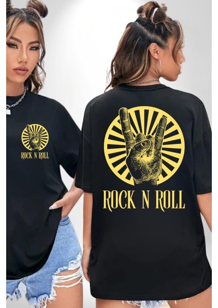 Rock N Roll Tasarım Kadın Erkek Ön Minimal Sırt Baskılı Siyah Pamuklu Tişört