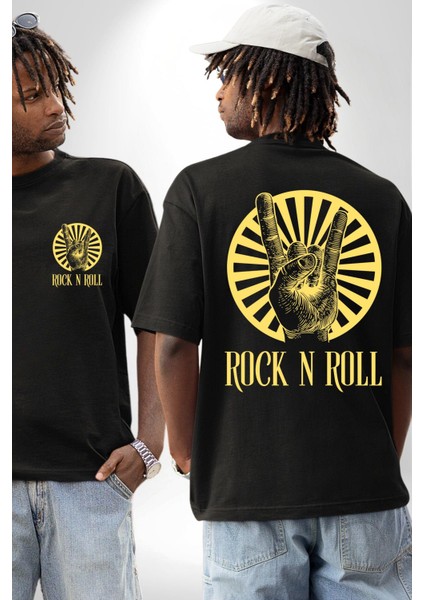 Rock N Roll Tasarım Kadın Erkek Ön Minimal Sırt Baskılı Siyah Pamuklu Tişört fırsatları