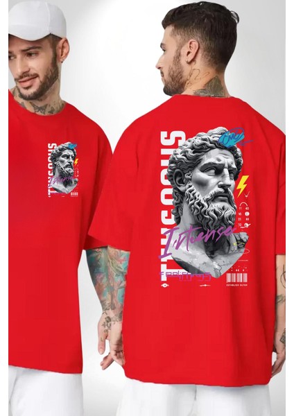 Veni Vidi Vici Yunan Tanrısı Kadın Erkek Ön Minimal Sırt Baskılı Kırmızı Pamuklu Tişört