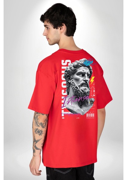 Veni Vidi Vici Yunan Tanrısı Kadın Erkek Ön Minimal Sırt Baskılı Kırmızı Pamuklu Tişört fiyatları